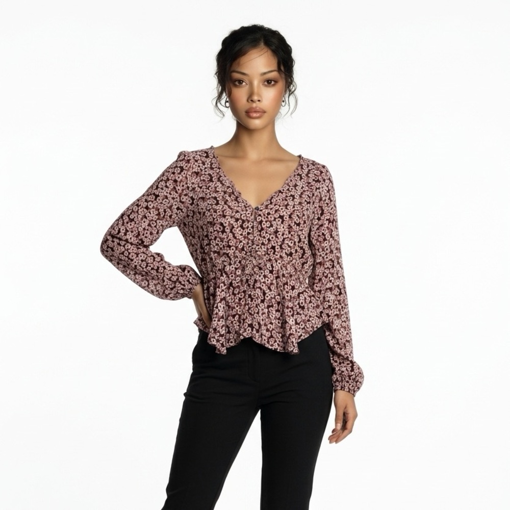 Vici Mauve Pink Floral Long Sleeve Peplum Blouse